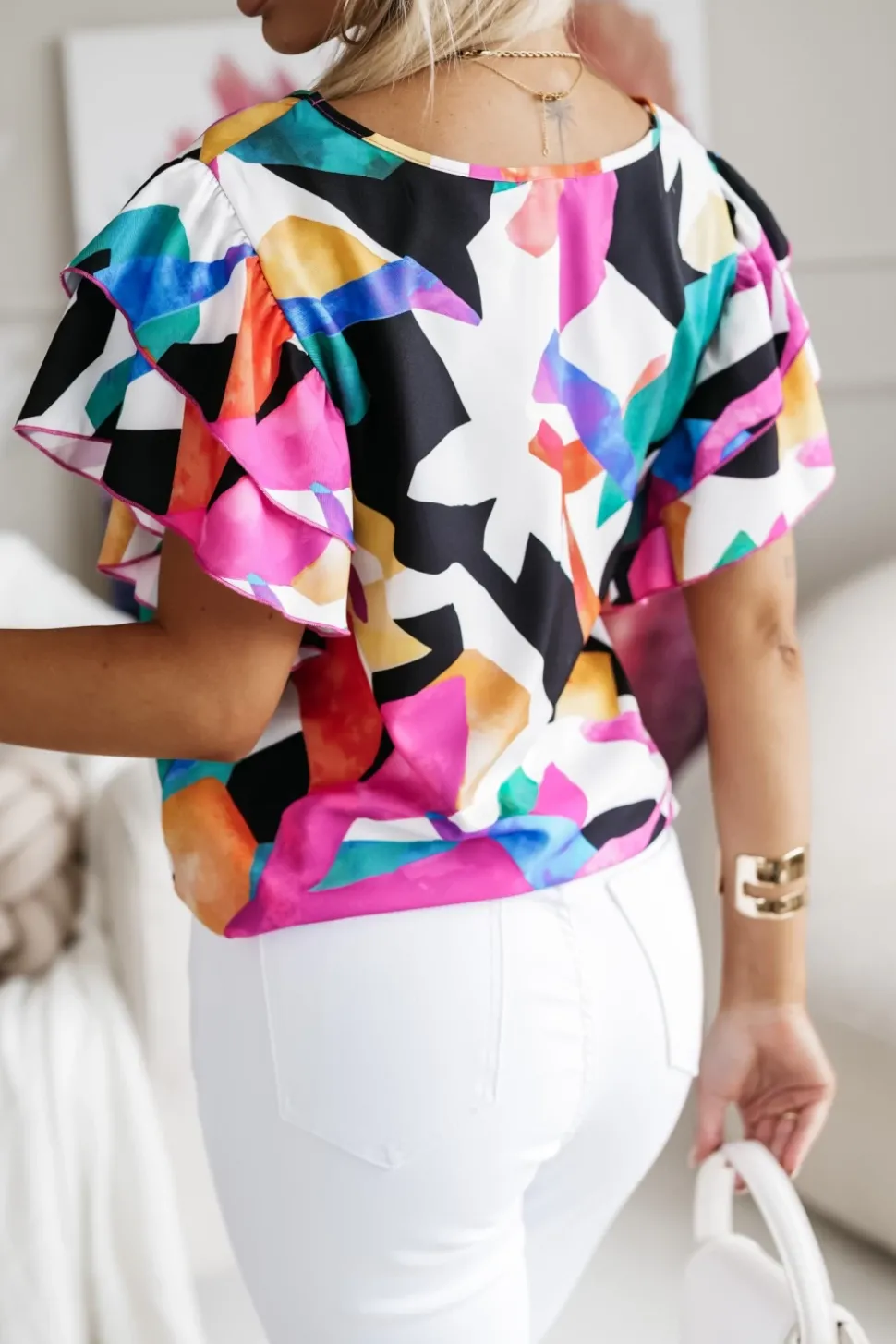 BLUZKA KOSZULOWA LAMBI Z MOTYLKOWYM RĘKAWEM MULTIKOLOROWA