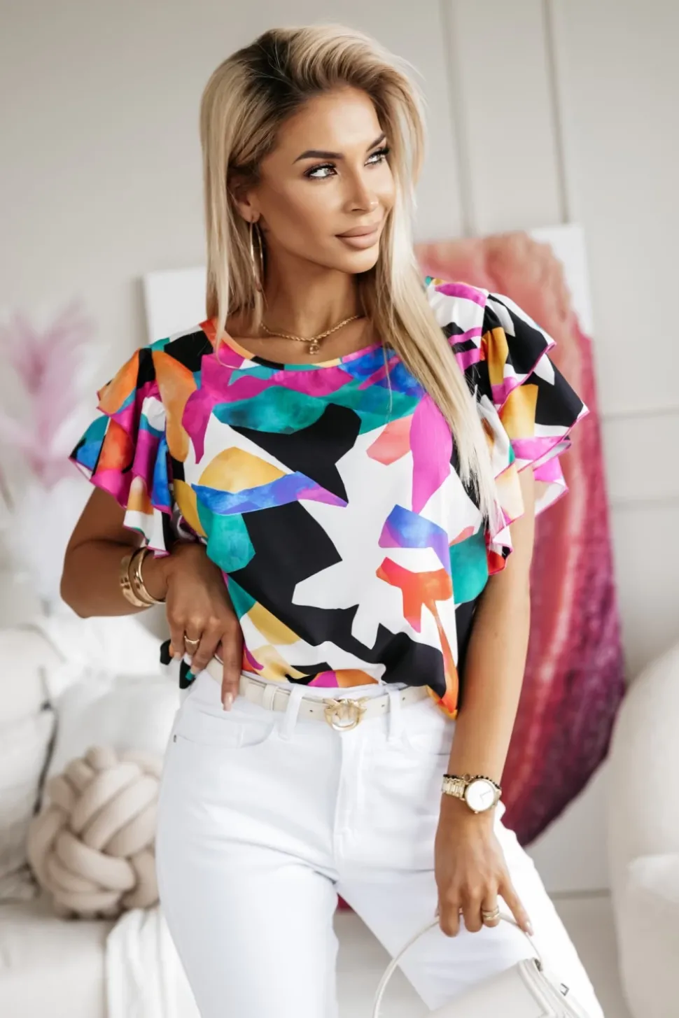 BLUZKA KOSZULOWA LAMBI Z MOTYLKOWYM RĘKAWEM MULTIKOLOROWA