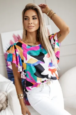 BLUZKA KOSZULOWA LAMBI Z MOTYLKOWYM RĘKAWEM MULTIKOLOROWA