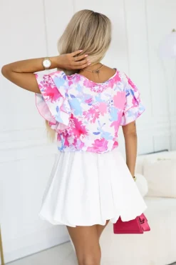 BLUZKA KOSZULOWA LAMBI Z MOTYLKOWYM RĘKAWEM W KWIATY BIAŁO-RÓŻOWA