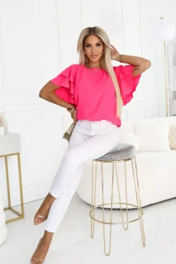 BLUZKA KOSZULOWA LAMBI Z MOTYLKOWYM RĘKAWEM NEONOWA RÓŻOWA