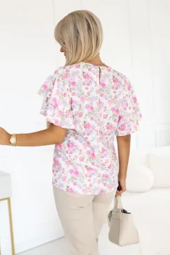 BLUZKA KOSZULOWA LAMBI Z MOTYLKOWYM RĘKAWEM W KWIATY BEŻOWO-RÓŻOWA