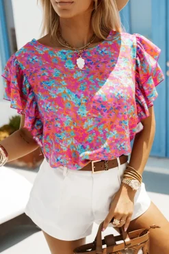 BLUZKA KOSZULOWA LAMBI Z MOTYLKOWYM RĘKAWEM MULTIKOLOROWA W KWIATY