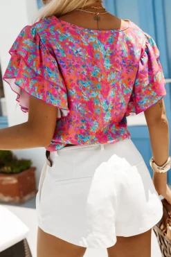 BLUZKA KOSZULOWA LAMBI Z MOTYLKOWYM RĘKAWEM MULTIKOLOROWA W KWIATY