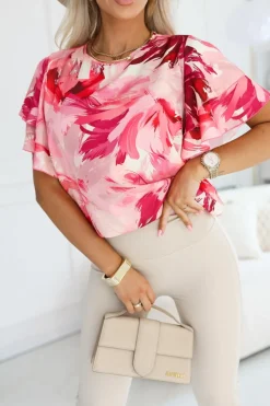 BLUZKA KOSZULOWA LAMBI Z MOTYLKOWYM RĘKAWEM RÓŻOWO-BEŻOWA