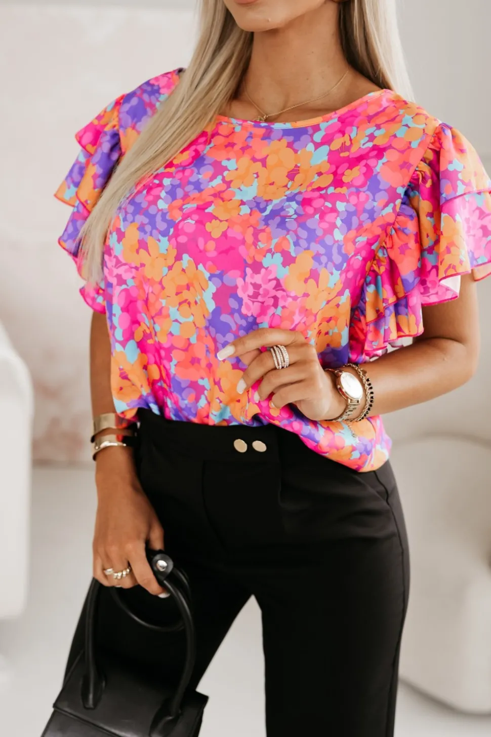 BLUZKA KOSZULOWA LAMBI Z MOTYLKOWYM RĘKAWEM POMARAŃCZOWO-RÓŻOWA W KWIATY