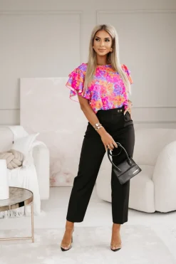 BLUZKA KOSZULOWA LAMBI Z MOTYLKOWYM RĘKAWEM POMARAŃCZOWO-RÓŻOWA W KWIATY