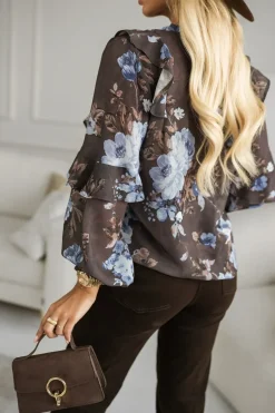 BLUZKA KOSZULOWA MANUELA Z SZYFONU W KWIATY BŁĘKITNO-CZEKOLADOWA