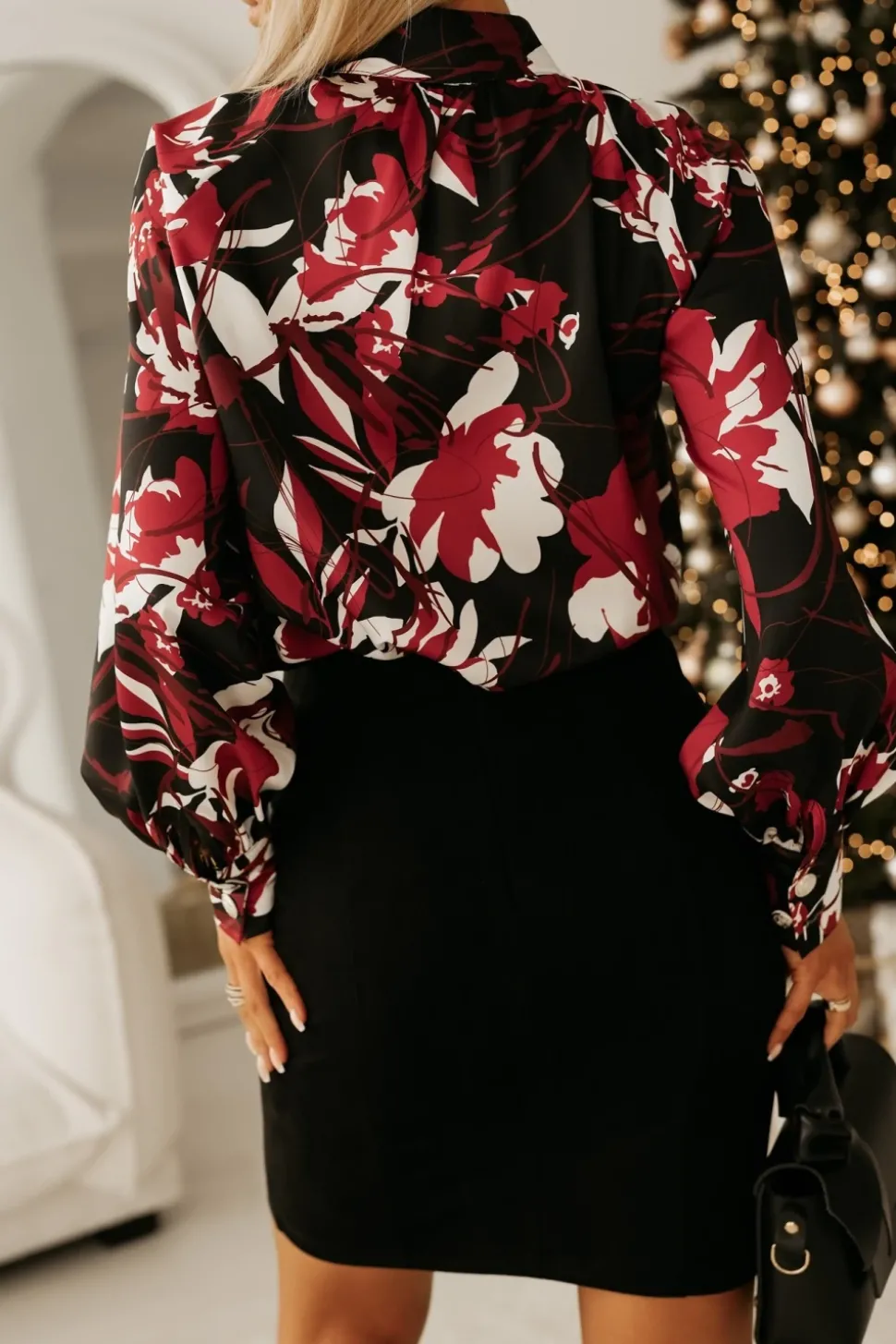 BLUZKA KOSZULOWA MILO Z WIĄZANIEM BORDOWO-CZARNA