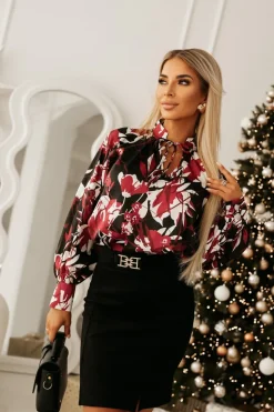 BLUZKA KOSZULOWA MILO Z WIĄZANIEM BORDOWO-CZARNA