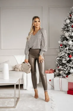 BLUZKA KOSZULOWA NANCY BEŻOWO-BRĄZOWA