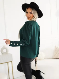 BLUZKA KOSZULOWA RITZ Z ELEGANCKIMI MANKIETAMI ZIELEŃ BUTELKOWA