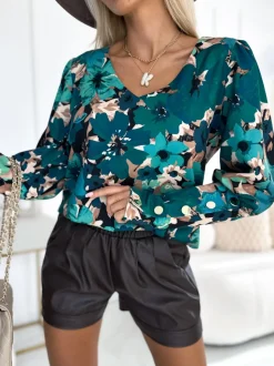 BLUZKA KOSZULOWA RITZ Z ELEGANCKIMI MANKIETAMI ZIELONO-BEŻOWA W KWIATY