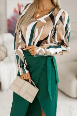 BLUZKA KOSZULOWA RITZ Z ELEGANCKIMI MANKIETAMI ZIELONO-ZŁOTA