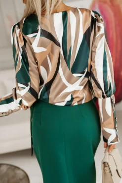 BLUZKA KOSZULOWA RITZ Z ELEGANCKIMI MANKIETAMI ZIELONO-ZŁOTA