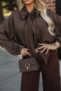 BLUZKA KOSZULOWA SARA Z OZDOBNYM WIĄZANIEM PRZY SZYI CZEKOLADOWA