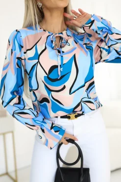 BLUZKA KOSZULOWA SOPHIE WIĄZANA NA DEKOLCIE BŁĘKITNO-MORELOWA