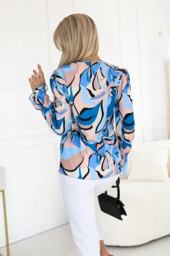 BLUZKA KOSZULOWA SOPHIE WIĄZANA NA DEKOLCIE BŁĘKITNO-MORELOWA