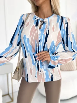 BLUZKA KOSZULOWA SOPHIE WIĄZANA NA DEKOLCIE BŁĘKITNO-BEŻOWA