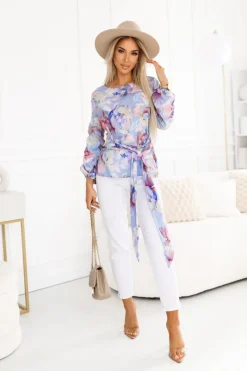 BLUZKA KOSZULOWA VENUS LAWENDOWO-PUDROWA W KWIATY