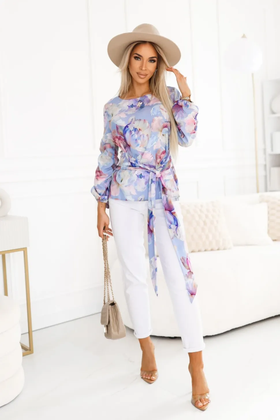 BLUZKA KOSZULOWA VENUS LAWENDOWO-PUDROWA W KWIATY