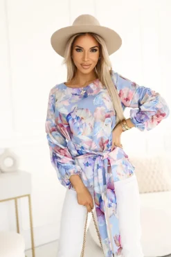 BLUZKA KOSZULOWA VENUS LAWENDOWO-PUDROWA W KWIATY