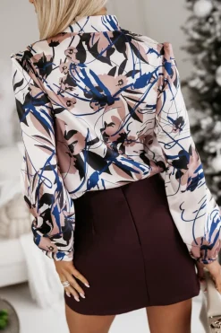 BLUZKA KOSZULOWA Z BUFIASTYMI RĘKAWAMI Z WIĄZANIEM BEŻOWO-GRANATOWA