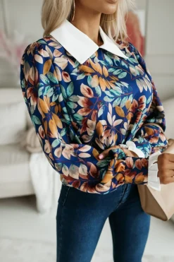 BLUZKA KOSZULOWA Z KOŁNIERZYKIEM I MANKIETAMI GRANATOWO-MUSZTARDOWA W LISTKI