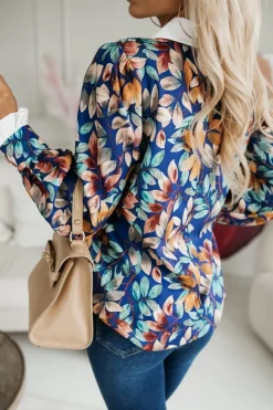 BLUZKA KOSZULOWA Z KOŁNIERZYKIEM I MANKIETAMI GRANATOWO-MUSZTARDOWA W LISTKI