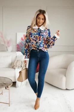 BLUZKA KOSZULOWA Z KOŁNIERZYKIEM I MANKIETAMI GRANATOWO-MUSZTARDOWA W LISTKI