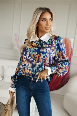 BLUZKA KOSZULOWA Z KOŁNIERZYKIEM I MANKIETAMI GRANATOWO-MUSZTARDOWA W LISTKI