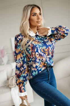 BLUZKA KOSZULOWA Z KOŁNIERZYKIEM I MANKIETAMI GRANATOWO-MUSZTARDOWA W LISTKI