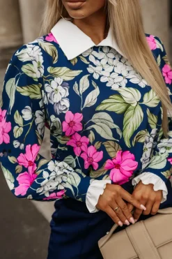 BLUZKA KOSZULOWA Z KOŁNIERZYKIEM I MANKIETAMI GRANATOWO-RÓŻOWA W KWIATY