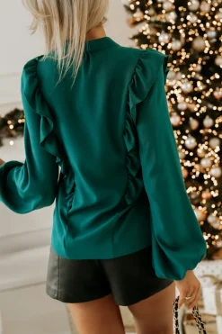 BLUZKA KOSZULOWA Z OZDOBNĄ FALBANKĄ ZIELEŃ BUTELKOWA