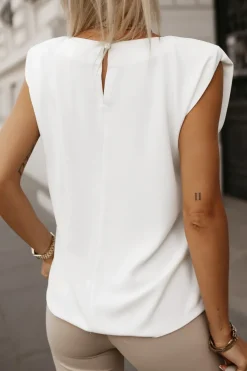 BLUZKA KOSZULOWA Z WISKOZY ELEGANCKA Z PODUSZKAMI NA RAMIONACH BIAŁA