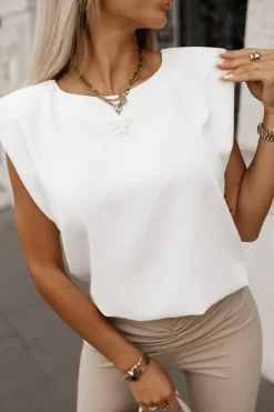 BLUZKA KOSZULOWA Z WISKOZY ELEGANCKA Z PODUSZKAMI NA RAMIONACH BIAŁA