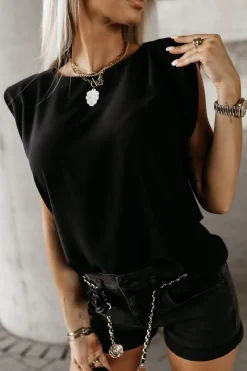 BLUZKA KOSZULOWA Z WISKOZY ELEGANCKA Z PODUSZKAMI NA RAMIONACH CZARNA