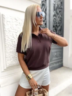 BLUZKA LACOSTA TYPU POLO Z KOŁNIERZYKIEM BRĄZOWA