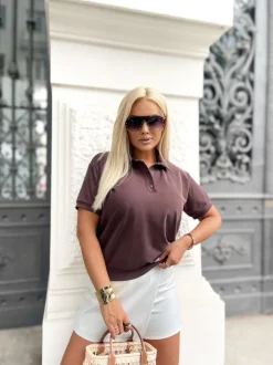 BLUZKA LACOSTA TYPU POLO Z KOŁNIERZYKIEM BRĄZOWA