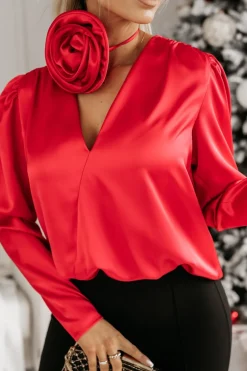 BLUZKA SATYNOWA EMO Z WIĄZANĄ OZDOBNĄ RÓŻĄ CZERWONA