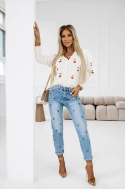 SPODNIE JEANSOWE TYPU BOYFRIEND Z HAFTOWANYMI KWIATAMI I CYRKONIAMI NIEBIESKI JEANS