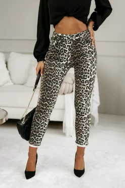 SPODNIE JEANSOWE Z MOTYWEM PANTERKI ECRU-CZARNE