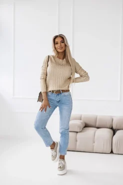 SPODNIE JEANSOWE Z WYSOKIM STANEM Z PASKIEM W KOMPLECIE BŁĘKITNY JEANS