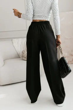 SPODNIE MATERIAŁOWE ROBBEN Z WYSOKIM STANEM Z GUMĄ W PASIE CZARNE