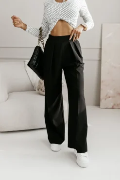 SPODNIE MATERIAŁOWE ROBBEN Z WYSOKIM STANEM Z GUMĄ W PASIE CZARNE