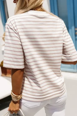 T-SHIRT OVERSIZE Z NAPISEM BONBON W PASKI ECRU-RÓŻOWE