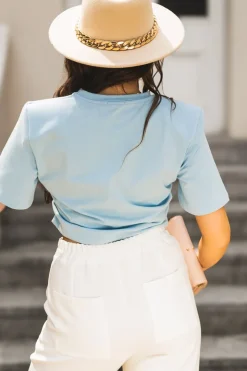 T-SHIRT SHORT Z PODUSZKAMI NA RAMIONACH BŁĘKITNY