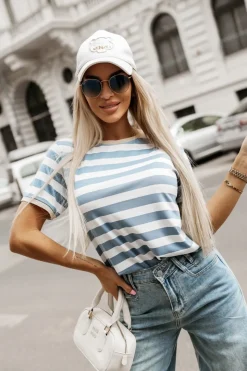 T-SHIRT TOMMY Z WISKOZY W PASKI NIEBIESKIE-ECRU