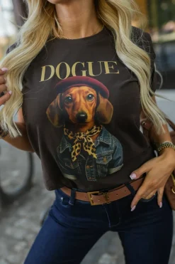 T-SHIRT Z NADRUKIEM DOGUE CZEKOLADOWY