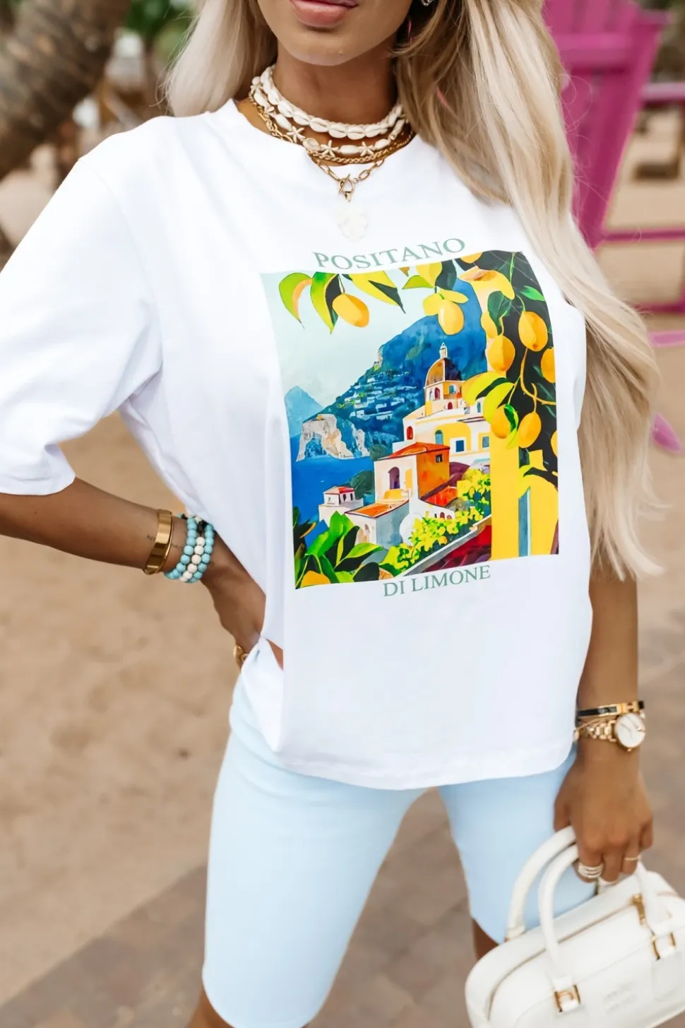 T-SHIRT Z NADRUKIEM POSITIANO BIAŁY